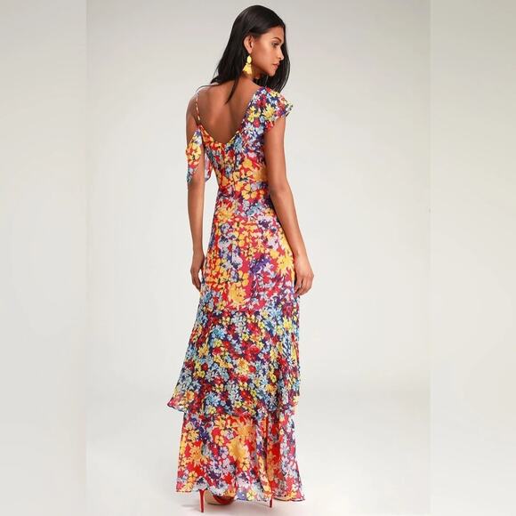 LULUS Radiant Floral Flower Chiffon Ruffles Maxi Dress Ruby Red Size Medium NEW - Picture 2 of 11